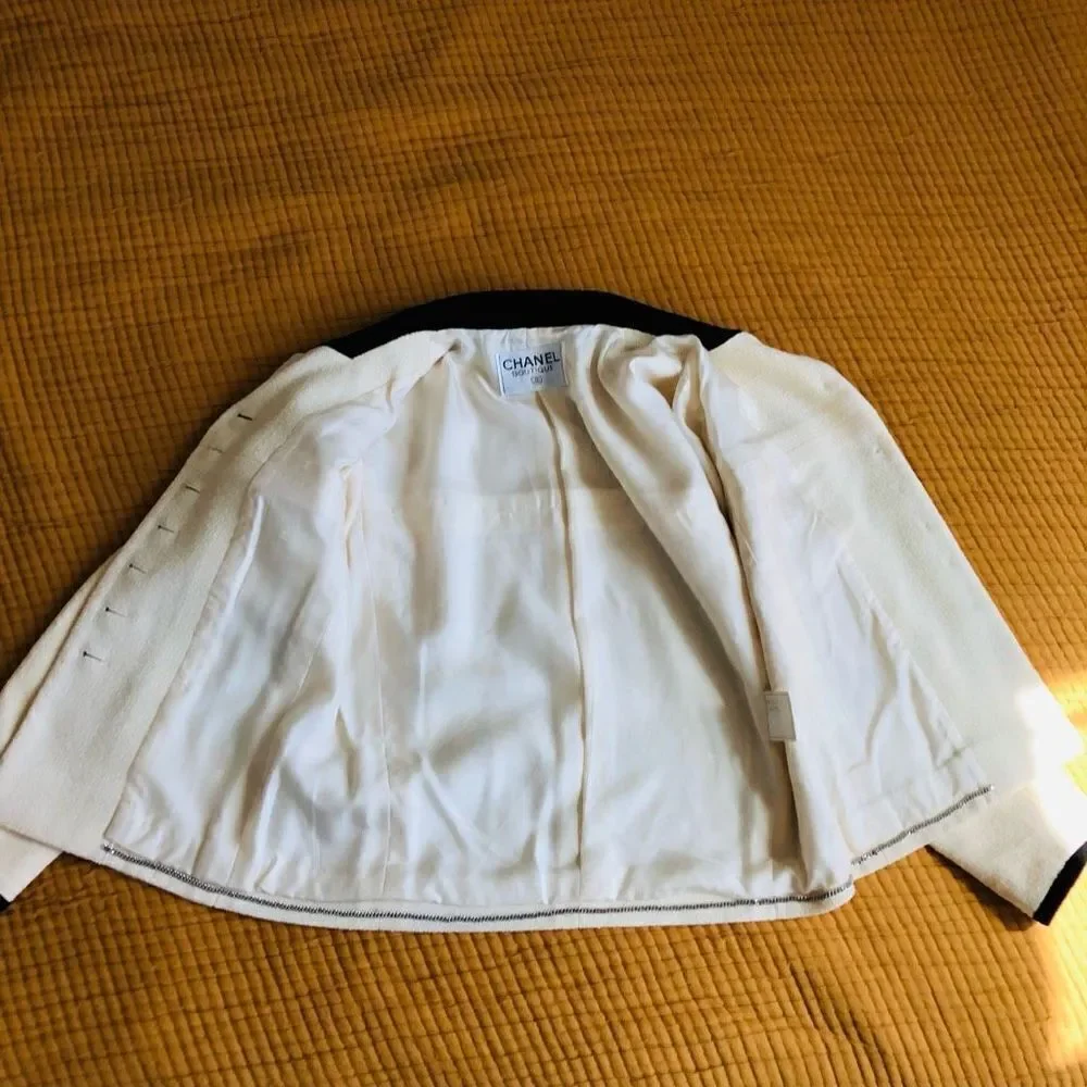 Chanel Iconic Cream and Black Boucle Button Up Blazer